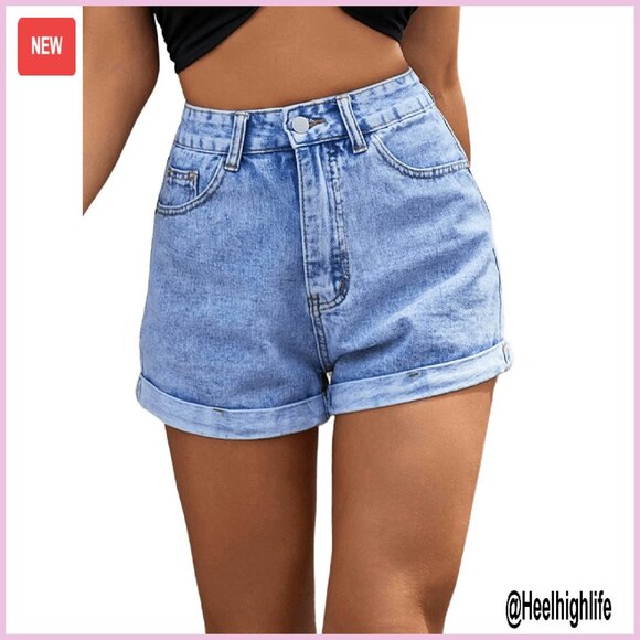 High Rise Straight Leg Denim Jean Shorts with Roll Up Hem